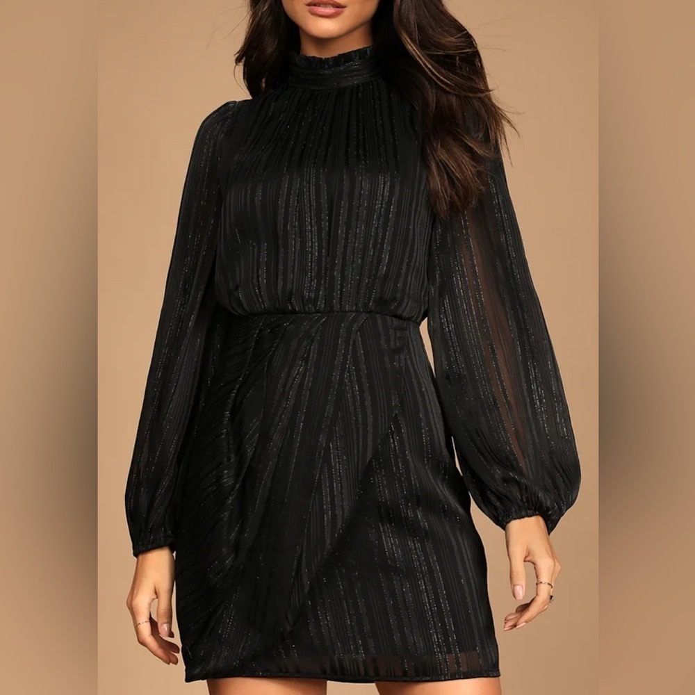 Lulus Cocktail Hour Elegant Striped Black Long Sleeve Evening Dress size XS